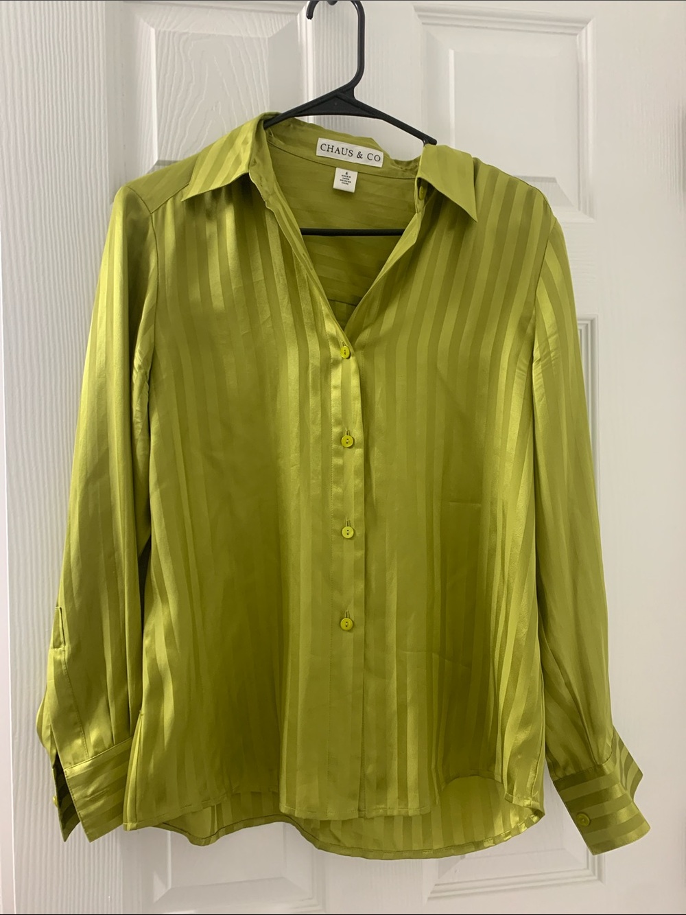 Olive Green Satin Button-Down Blouse